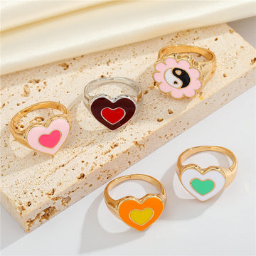 Gold Tone Enamel Heart and Yin Yang Adjustable Rings in Five Designs