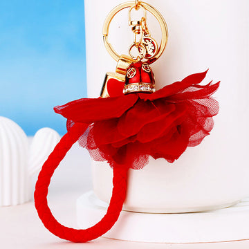 Layered Fabric Flower Keychains with Braided Loops in Ten Color Options
