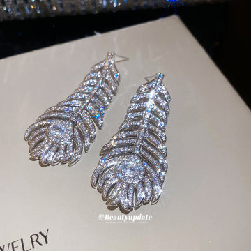 Silver Crystal Feather Drop Earrings Decorative Jewelry Design
