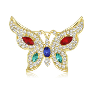 Multicolor Crystal Butterfly Brooch In Gold Tone With Polished Metal Detail