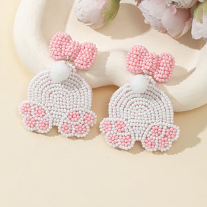 Pink Bow Stud White Seed Bead Rabbit Paw Drop Earrings