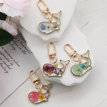 Gold Tone Pressed Flower Whale Resin Clip Keychains in Eight Designs