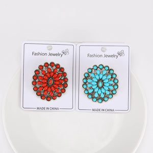 Alloy Round Floral Cluster Brooch Pin, Red or Turquoise Stones