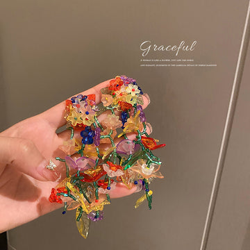 Colorful Floral Fabric and Beaded Dangle Earrings Fashion Jewelry Accessories