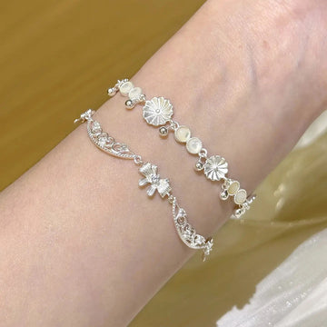 Silver CZ Bow Openwork Lace Adjustable Bracelet Chain