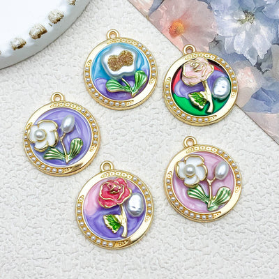 Colorful flower charms arranged on a light background