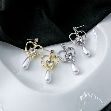 Gold Open Heart Crystal Pearl Drop Earrings Stud Posts