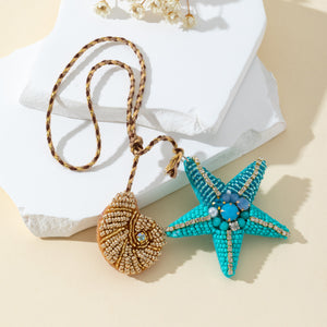 Beaded Starfish And Shell Pendant Necklace On Braided Cord