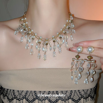 Gold Pearl Crystal Tassel Necklace And Drop Earrings