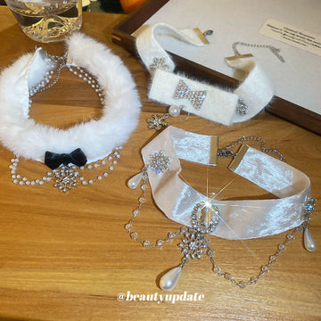 White Velvet Choker Necklaces with Bow and Snowflake Charms