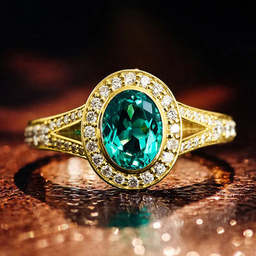 Gold Oval Teal Center Halo Clear Stone Ring Sizes 6-10