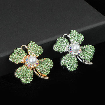 Rhinestone Four Leaf Clover Charm Pendant With Pearl Center