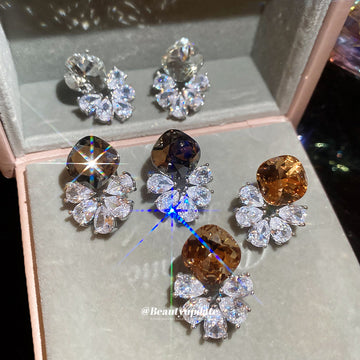 Crystal Flower Drop Earrings In Three Top Stone Colors
