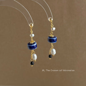 Gold-Tone Blue Ceramic Disc Pearl Drop Dangle Earrings