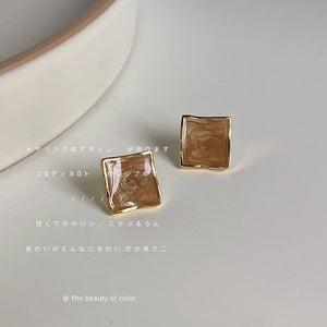 Gold Tone Translucent Coffee Brown Square Stud Earrings