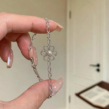 Openwork Flower Pearl Chain Bracelets Gold Silver Tone
