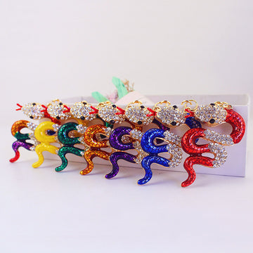 Snake-Shaped Rhinestone Keychain With Split Ring And Lobster Clasp