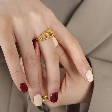 Gold Steel Open Chain Link Cuff Ring Size 7 Non Adjustable