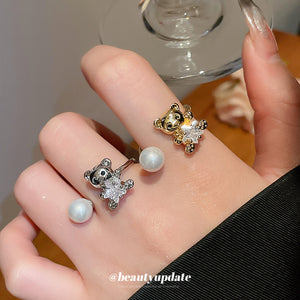 Gold Open Bear Ring With Pearl and Star Crystal Ends