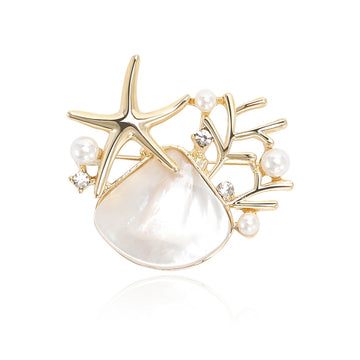 Gold Tone Starfish Coral Brooch With Shell Effect and Pearls