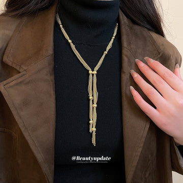 Gold Multi Strand Tassel Y Necklace Ball Square Styles