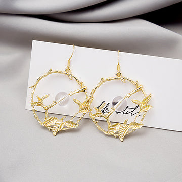 Gold Branch Leaf Circle Drop Earrings Clear Center Bead