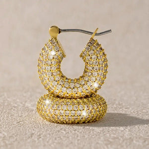 Gold Tone Small Pave Crystal Chunky Open Hoop Earrings