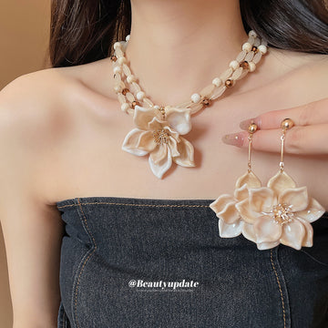 Multi-Strand Cream Bead Flower Necklace and Earrings