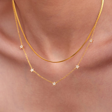 Five Star Zircon Station Necklace And Snake Chain Gold Steel