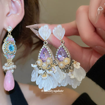 Colorful Petal Crystal Tassel Drop Statement Earrings