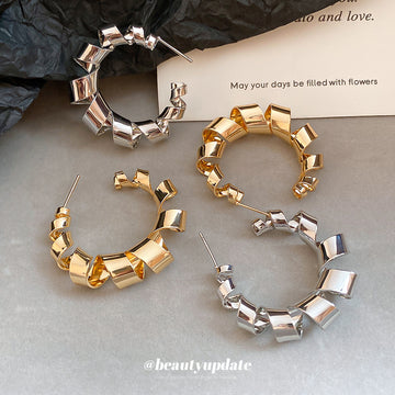 Angular Linked Metal Hoop Stud Earrings Statement Jewelry Pair