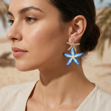 Four Color Woven Double Starfish Statement Dangle Earrings