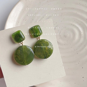 Gold Tone Green Square And Large Round Disc Drop Stud Earrings