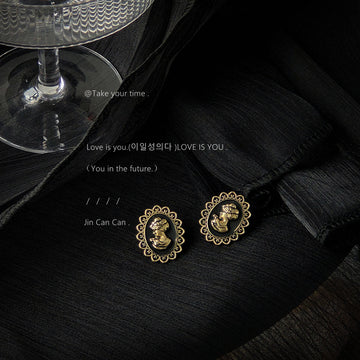 Antique Gold Black Oval Classical Cameo Bust Stud Earrings