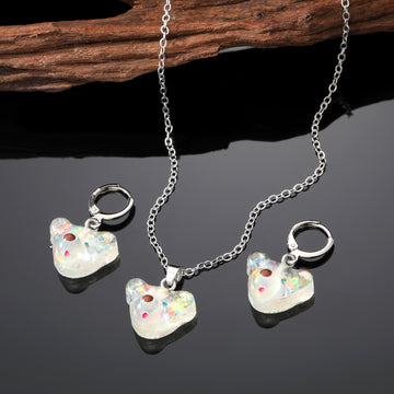 Silver Tone Glitter Bear Huggie Earrings and Pendant Necklace