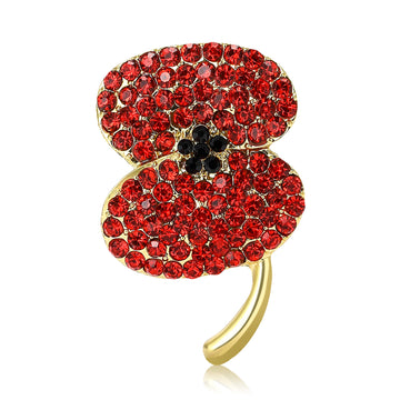 Bright Red Crystal Poppy Flower Brooch with Black Center