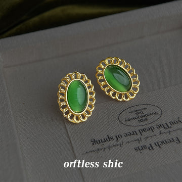 Gold Filigree Oval Green Cat Eye Stud Earrings Pair