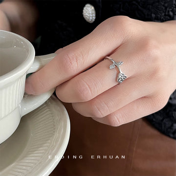 Silver Tone Sculpted Rose Flower And Leaf Open Adjustable Ring