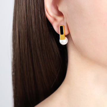 Rectangle Bar Pearl Stud Earrings Black Inlay Metal