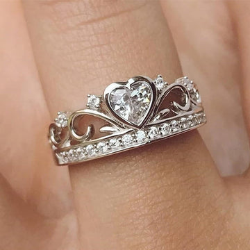 Silver Tone Heart Crown Clear CZ Filigree Band Ring