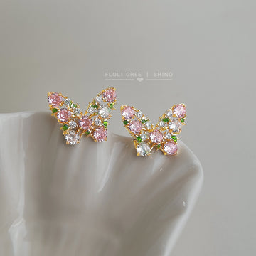 Gold Tone Pink Green And Clear Stone Butterfly Stud Earrings