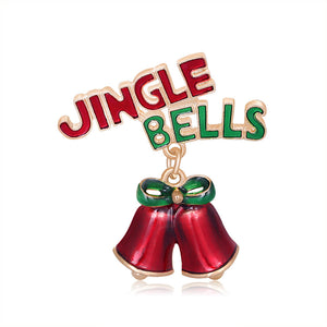 Red Enamel Jingle Bells Brooch with Green Bow and Gold-Tone Trim