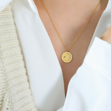 Round Disc Crescent Moon Zircon Pendant Gold Necklace