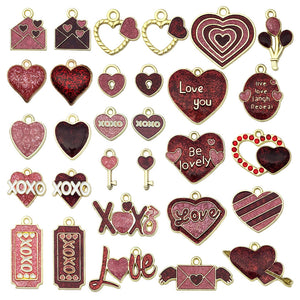 Red and Pink Glitter Enamel Heart Charms in Thirty Valentine Designs