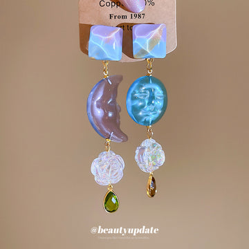 Asymmetric Pastel Sun and Moon Geometric Drop Earrings