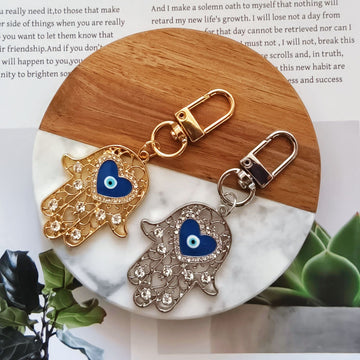Hamsa Hand Evil Eye Keychain Rhinestone Heart 2 Tones