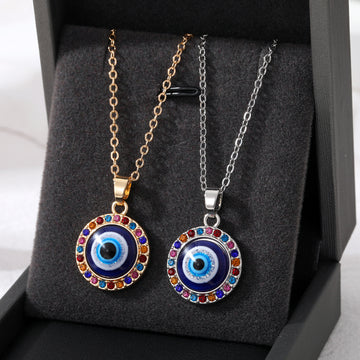 Gold and Silver Tone Crystal Rim Evil Eye Pendant Necklaces