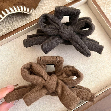Fabric Bow Claw Hair Clips Brown And Charcoal Gray