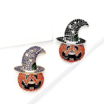 Rhinestone Pumpkin Witch Hat Brooch Halloween Orange Pin