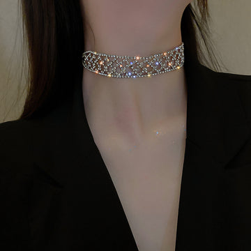 Silver Full Rhinestone Lattice Openwork Wide Choker Necklace